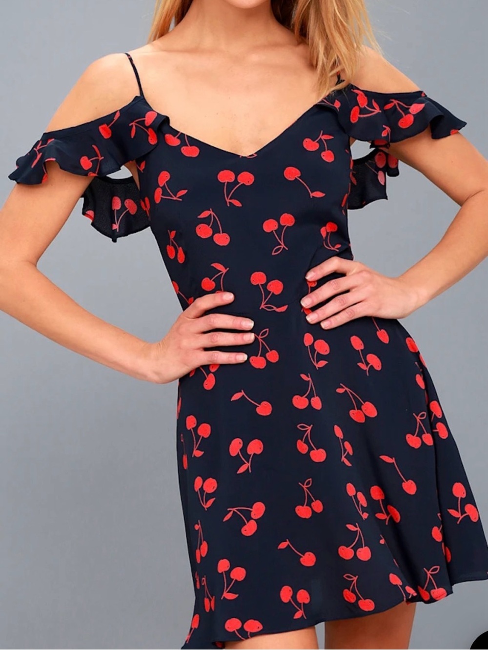 Lucy Love Meet the Fam Cherry Print Off Shoulder Mini Dress S